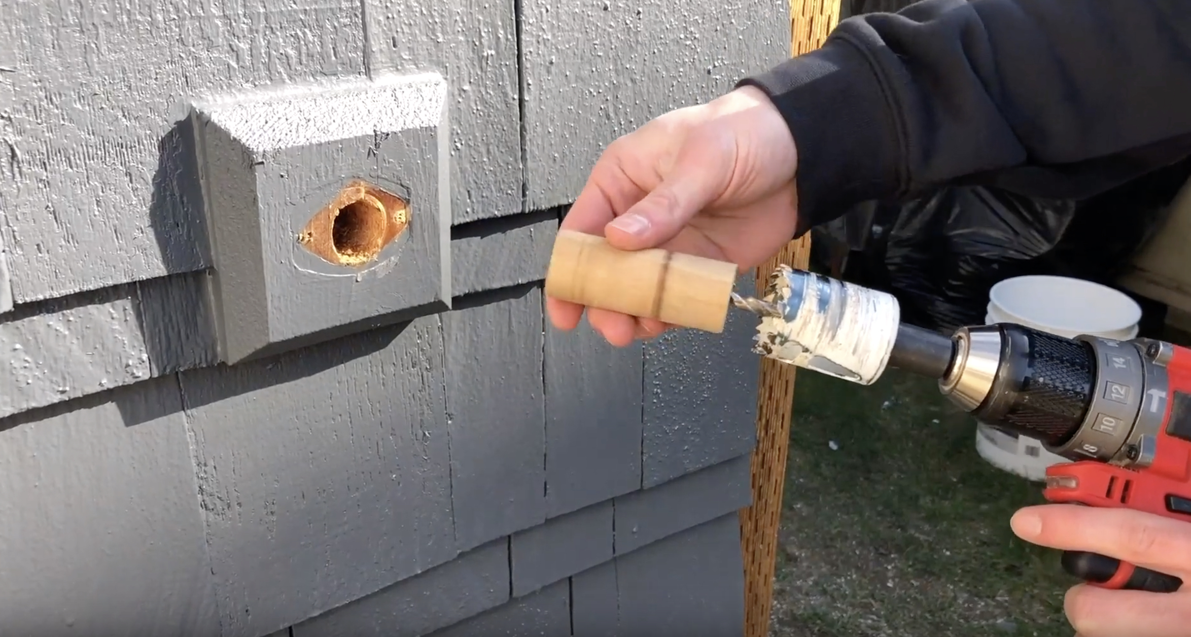 Adding dowel to enlarge hose bib mounting hole